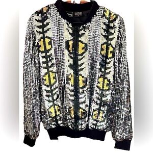 Vintage Jewel Queen Silk Sequin Bomber Jacket Glam Disco Festival Party‎ M